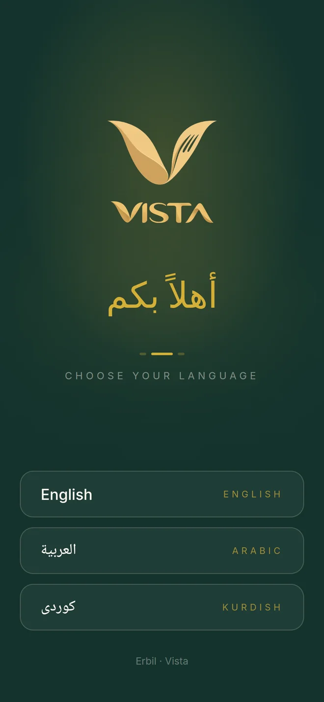 The Vista welcome screen greeting guests in Arabic, with Kurdish, Arabic and English to choose from